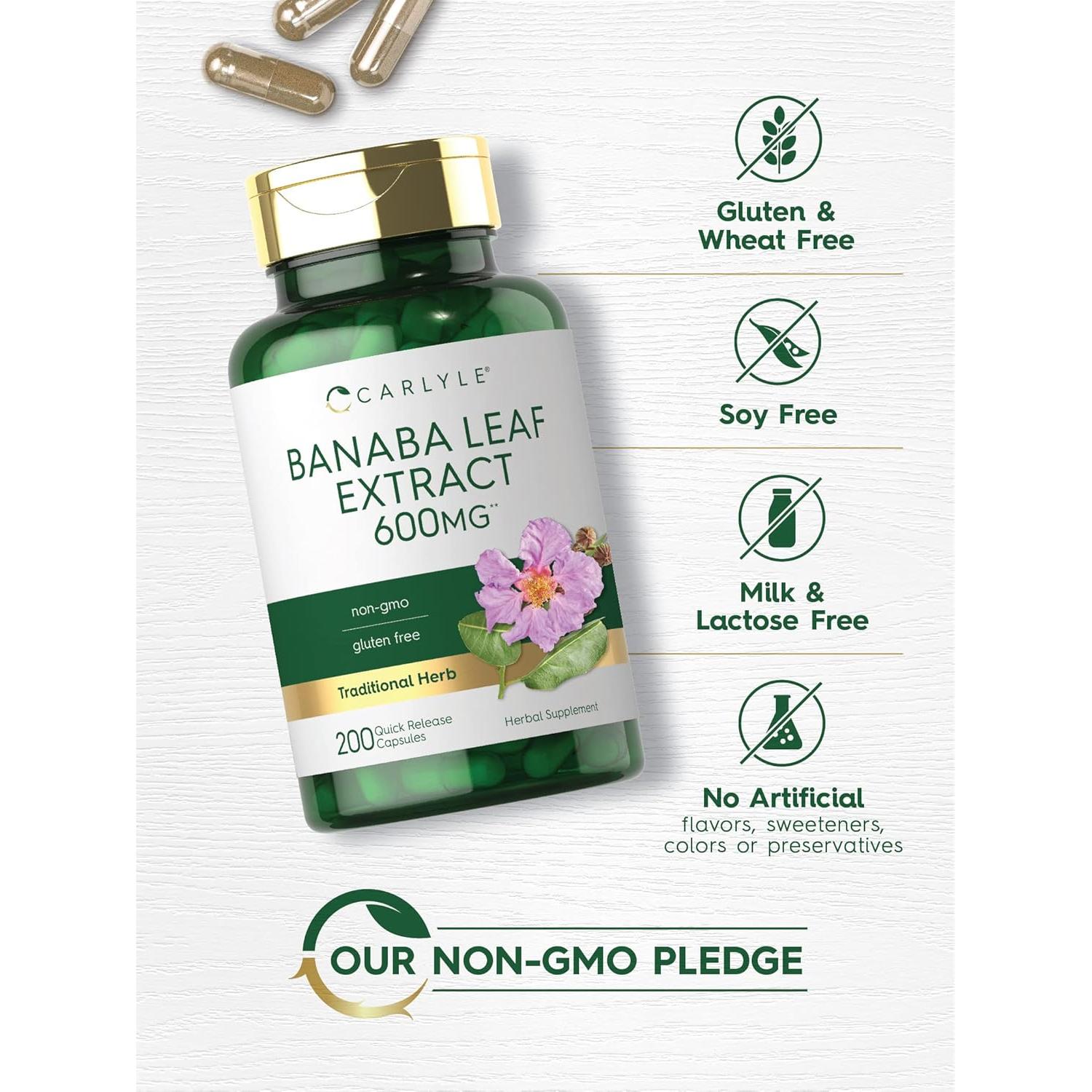 Cápsulas de Extracto de Hoja de Banaba Carlyle 600mg - 200 Unidades