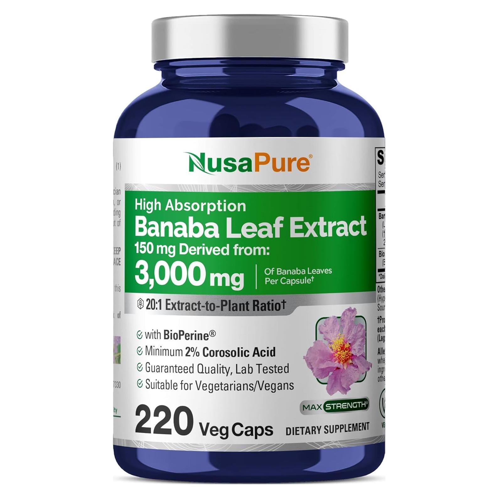 Extracto de hoja de Banaba NusaPure 150 mg 220 cápsulas veganas