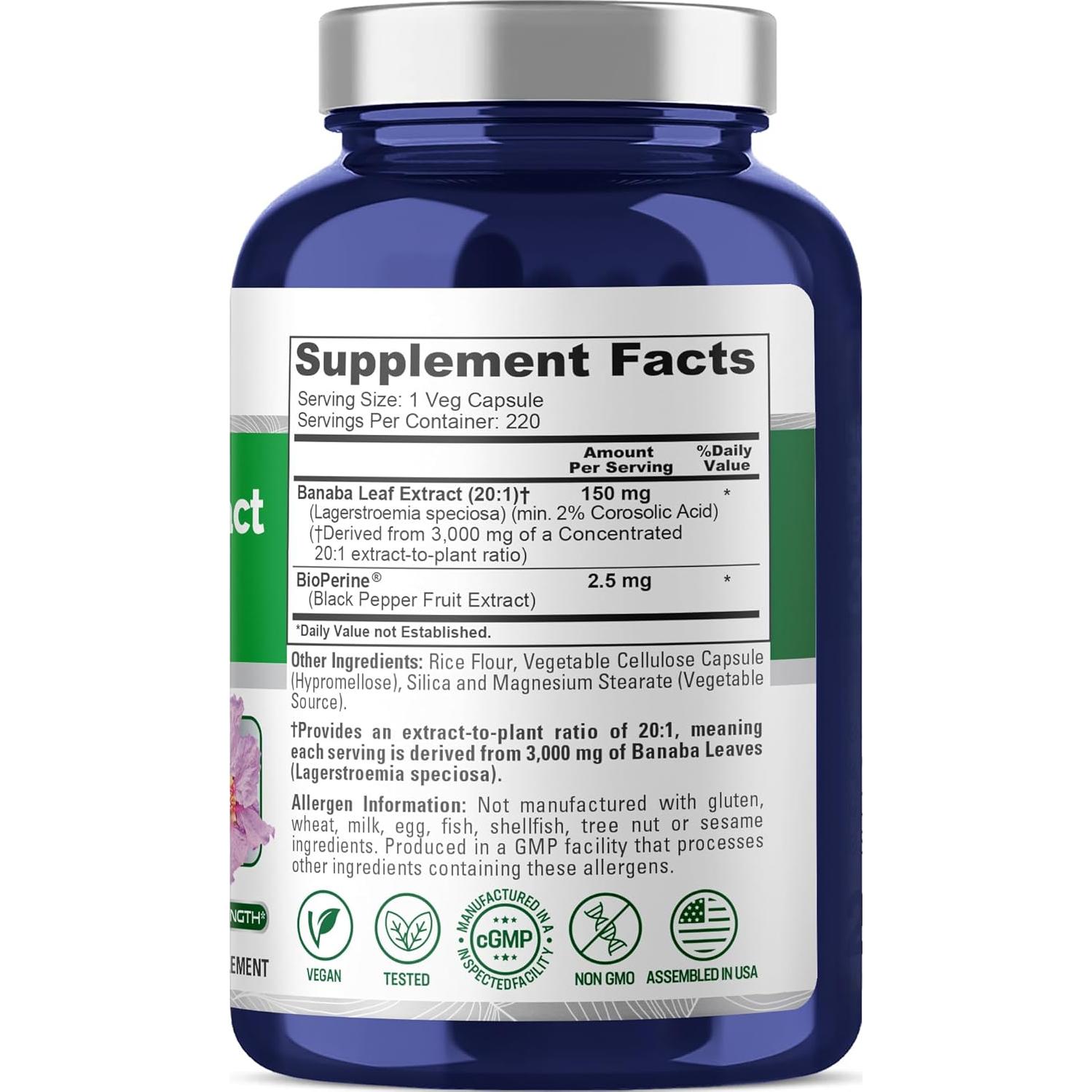 Extracto de hoja de Banaba NusaPure 150 mg 220 cápsulas veganas