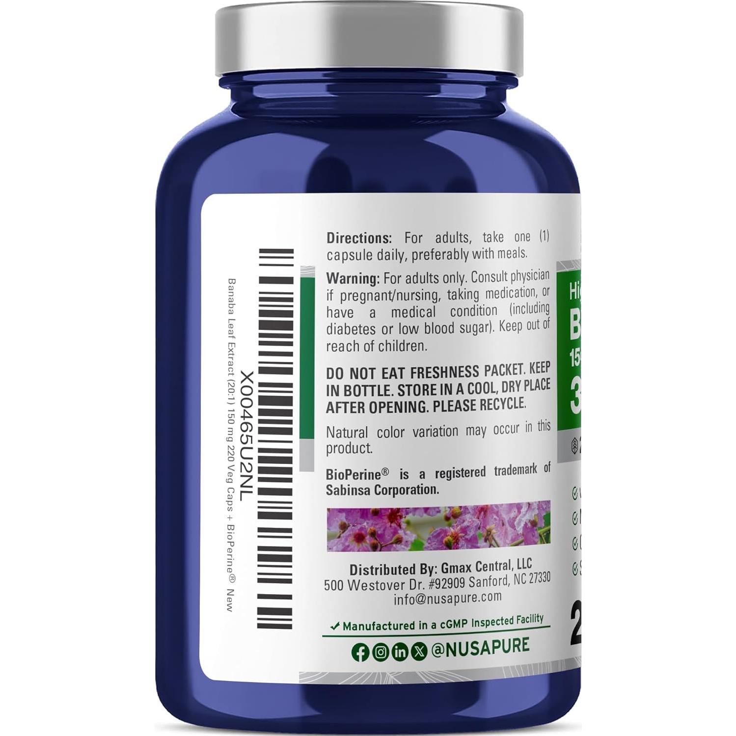 Extracto de hoja de Banaba NusaPure 150 mg 220 cápsulas veganas
