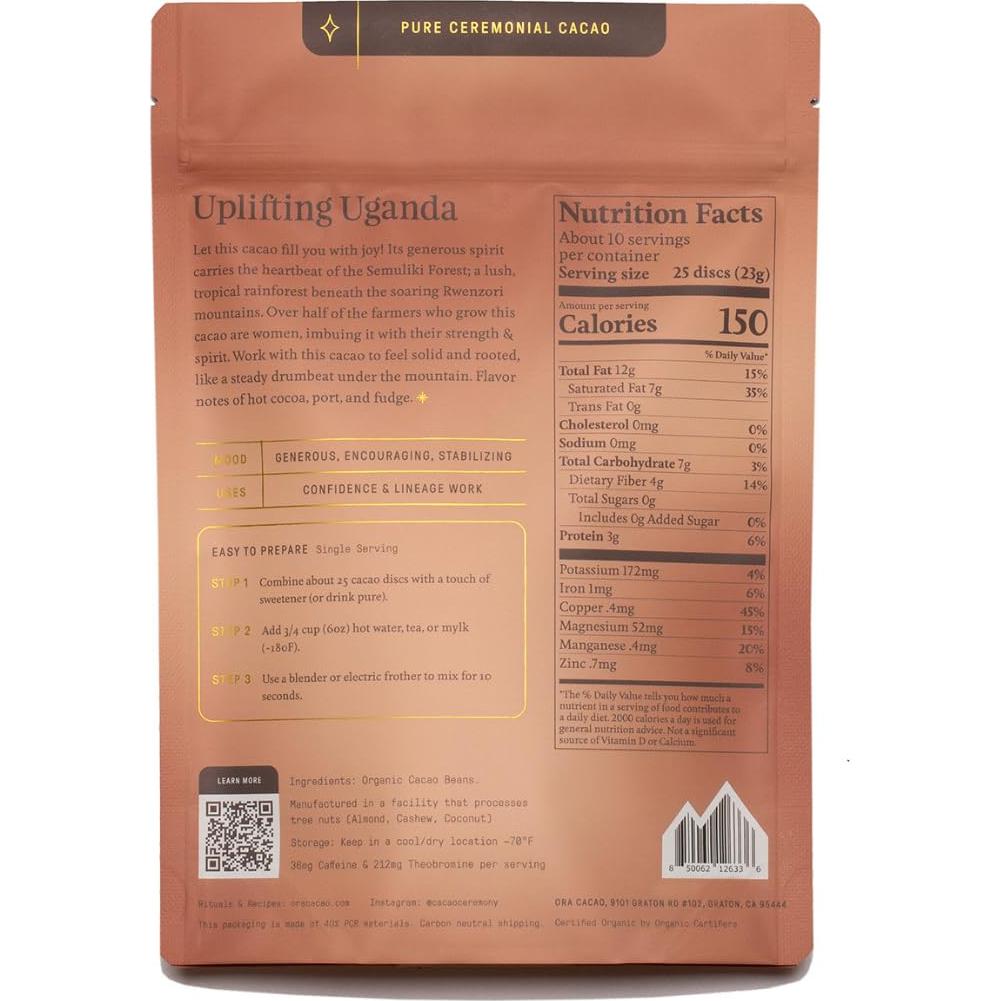 Cacao Ceremonial Orgánico Ora - Uganda Elevador 227g - Sin Azúcar