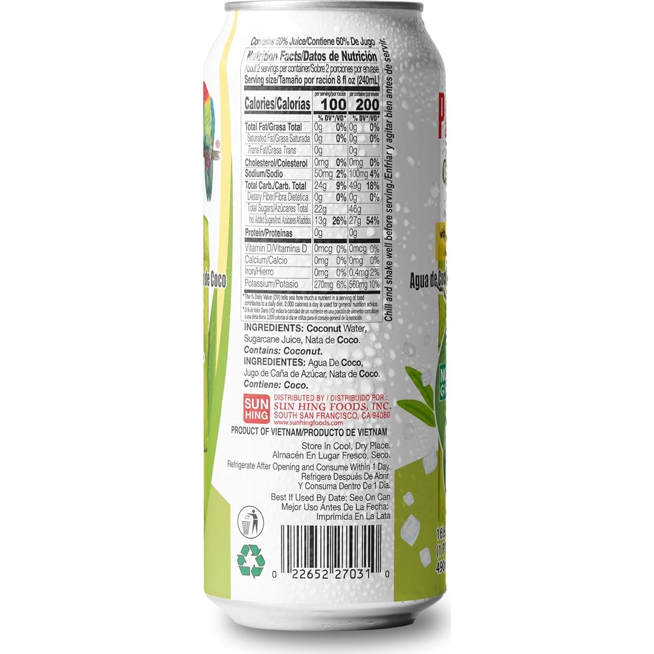 Agua de Coco Parrot con Jugo de Caña y Nata 12 Pack 1992ml