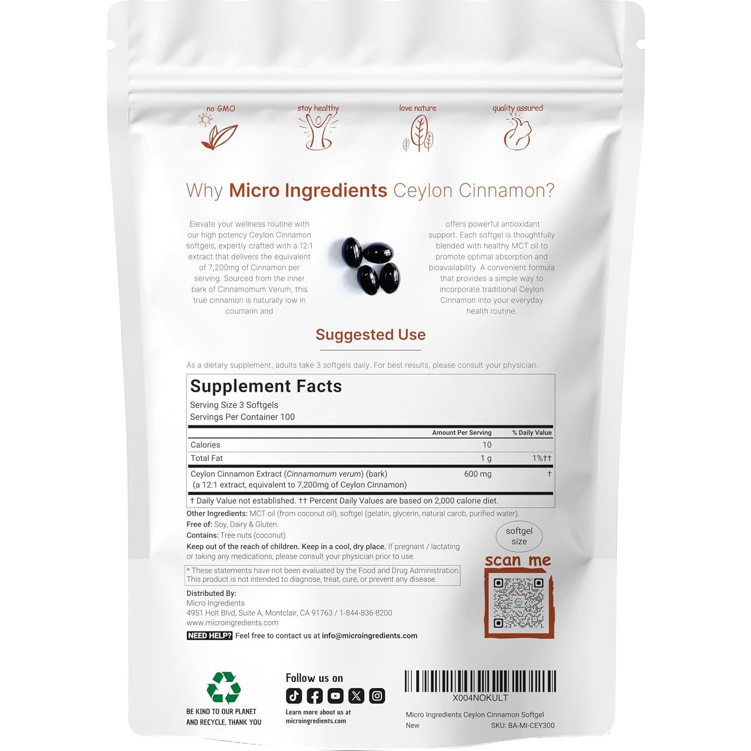 Gelatinas Blandas de Canela de Ceilán 7200mg Micro Ingredients | 300 Unidades | Antioxidante y Sin Gluten