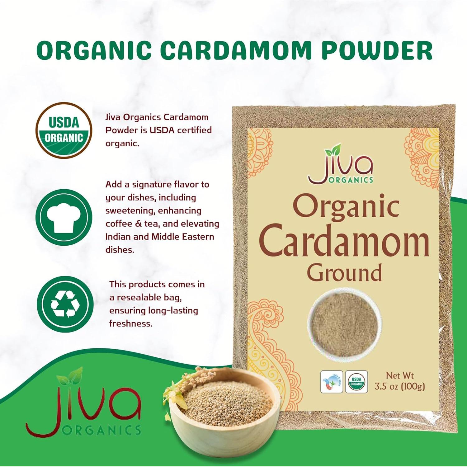 Polvo de Cardamomo Orgánico Jiva 100g - Premium, Aromático