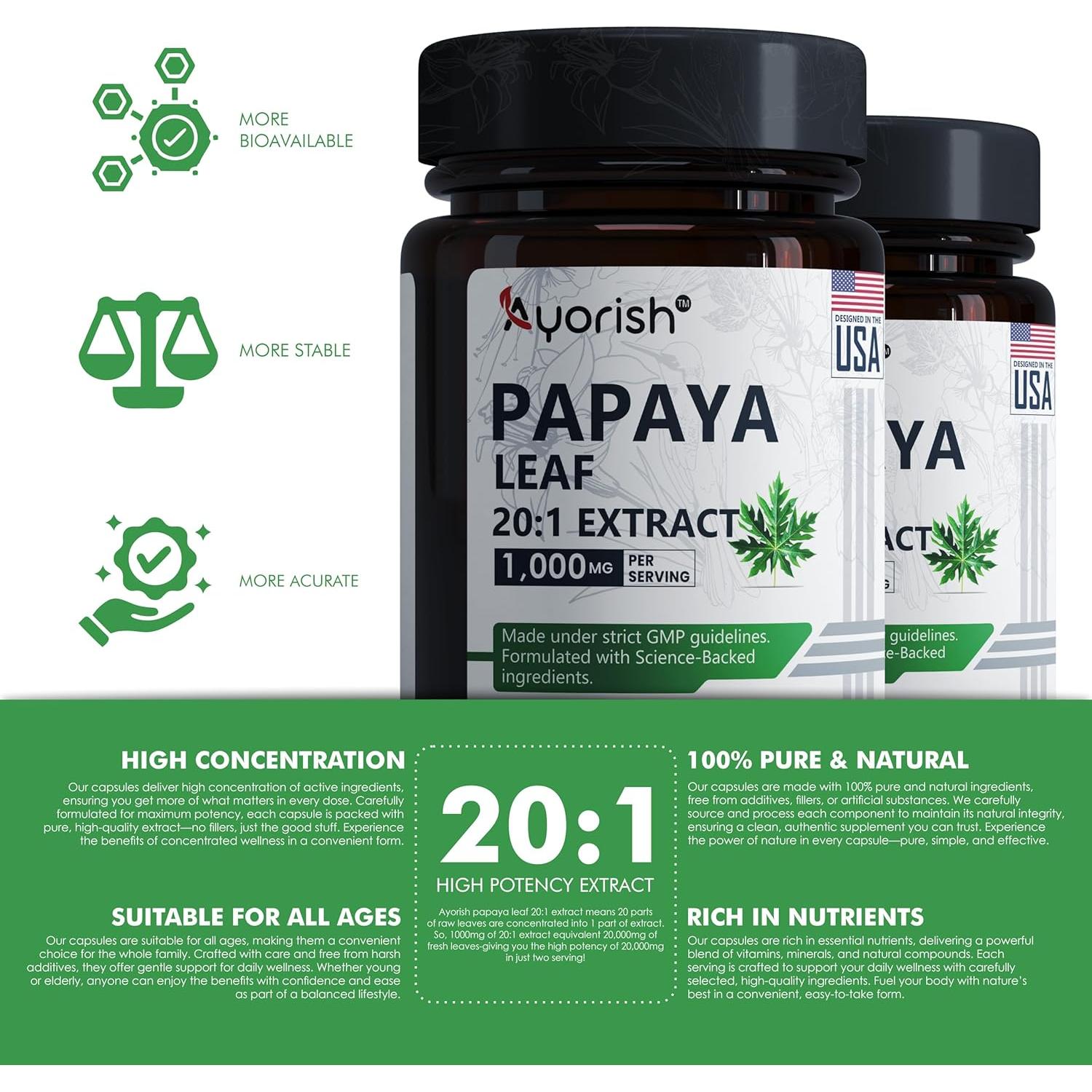 Extracto de Hoja de Papaya 1000mg Ayorish - 120 Cápsulas