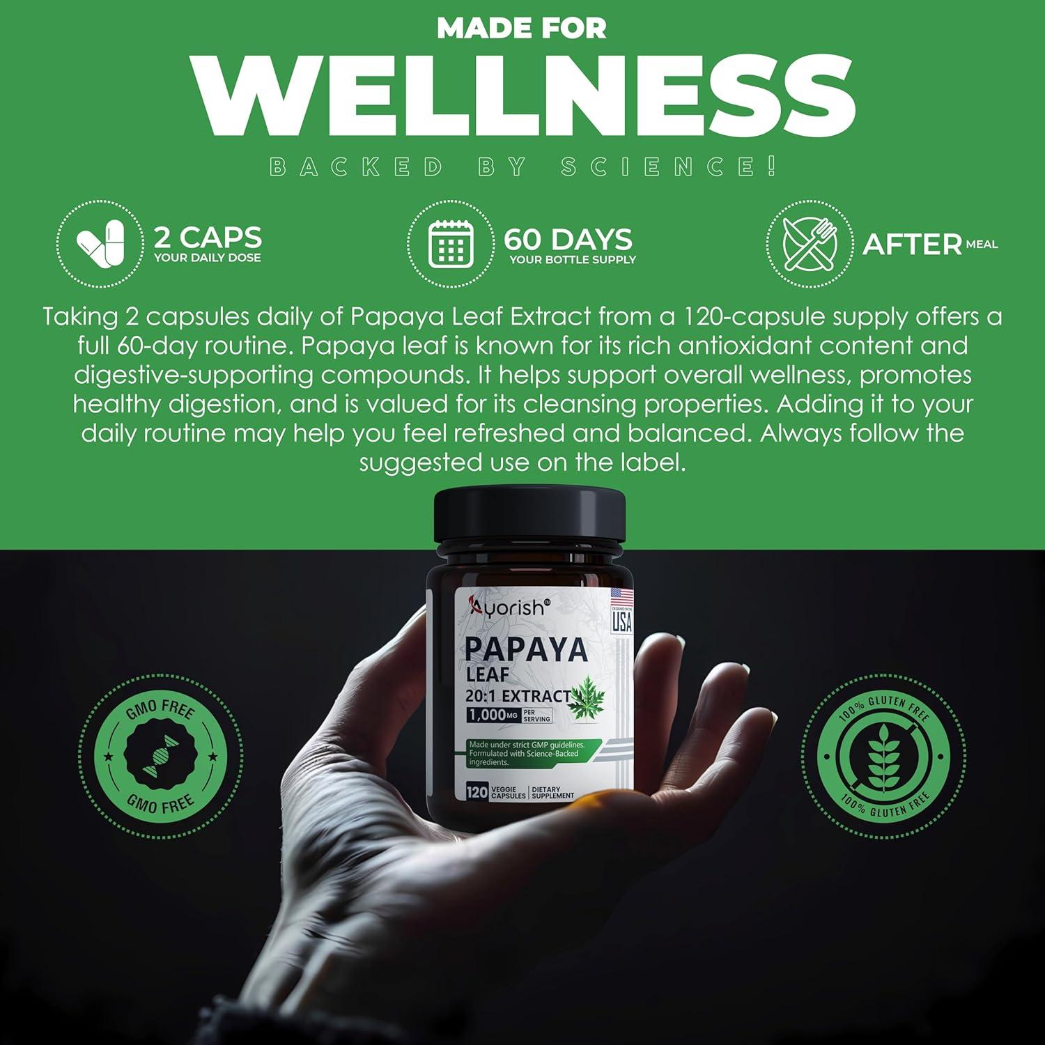 Extracto de Hoja de Papaya 1000mg Ayorish - 120 Cápsulas