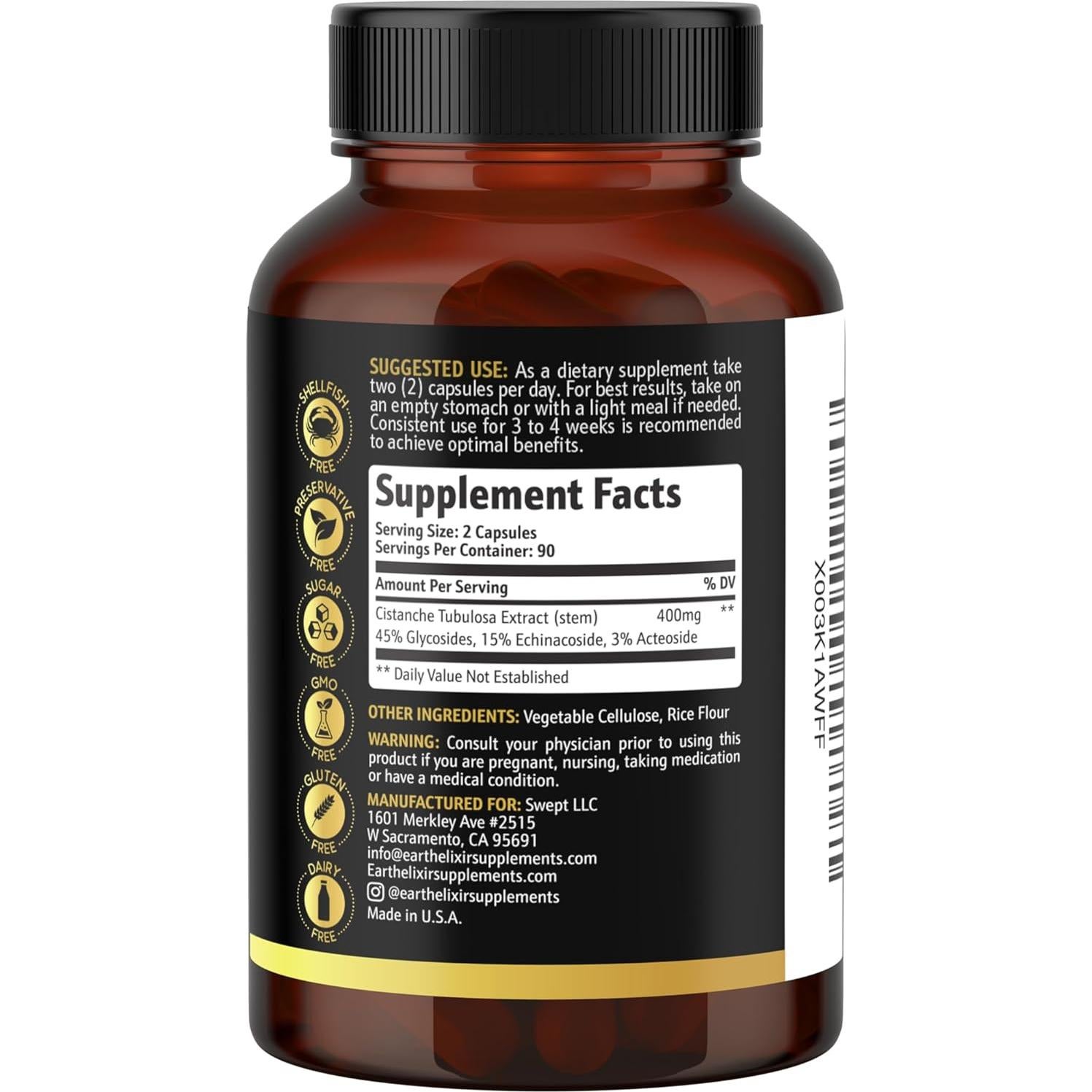 Suplemento de Cistanche Tubulosa 400 mg Earth Elixir 180 Cápsulas