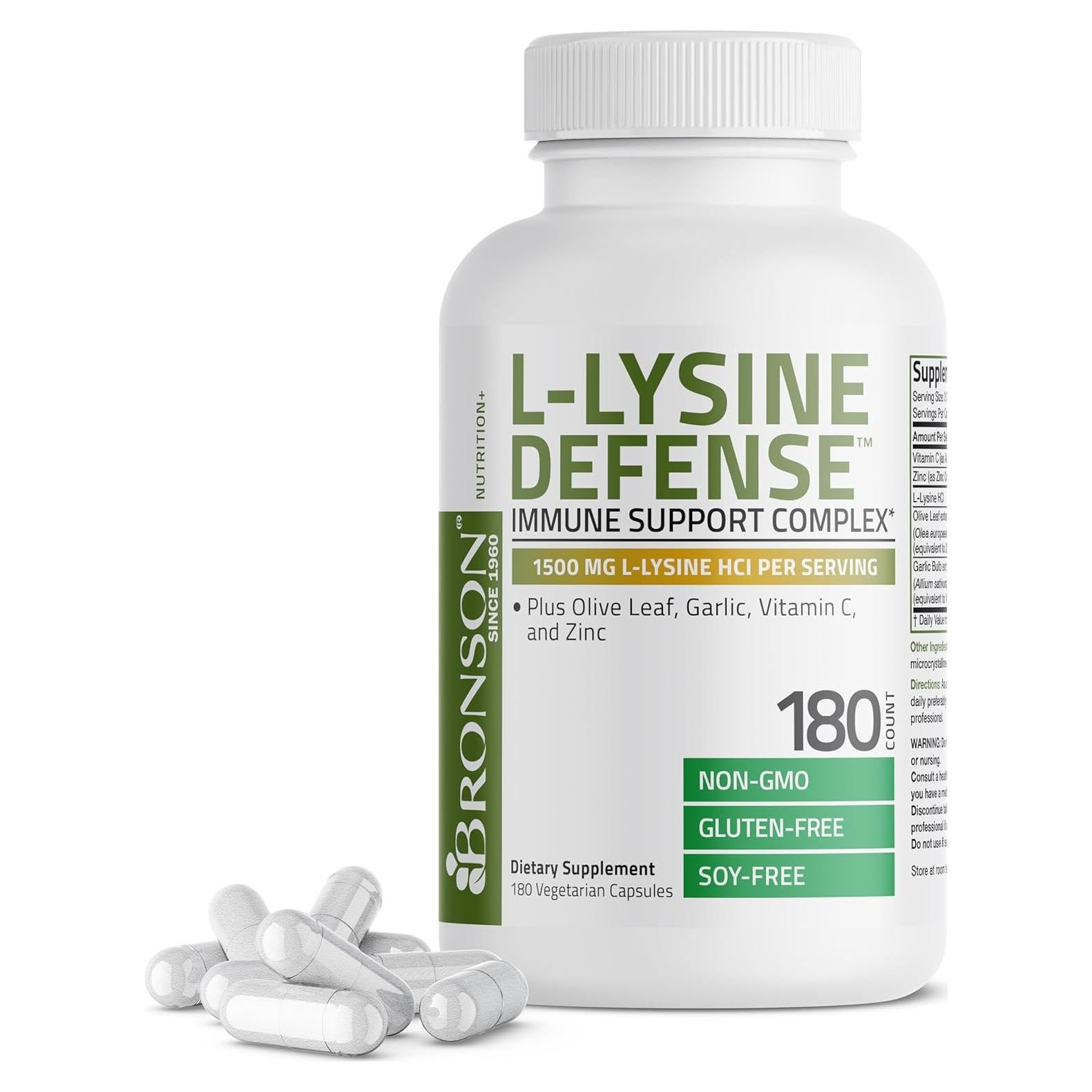 Bronson L-Lisina 1500 MG + Hoja de Olivo, Ajo, Vitamina C y Zinc - 180 Cápsulas Vegetarianas