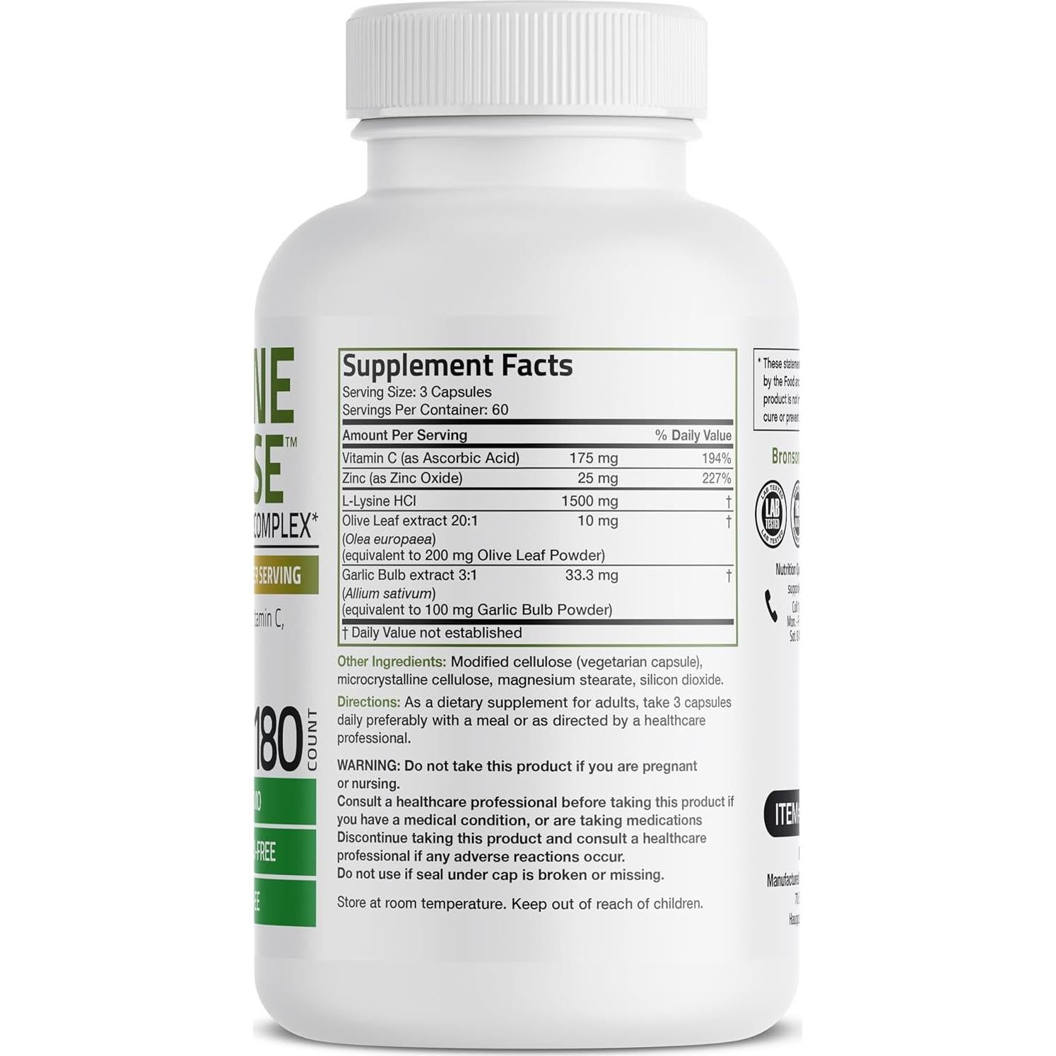 Bronson L-Lisina 1500 MG + Hoja de Olivo, Ajo, Vitamina C y Zinc - 180 Cápsulas Vegetarianas