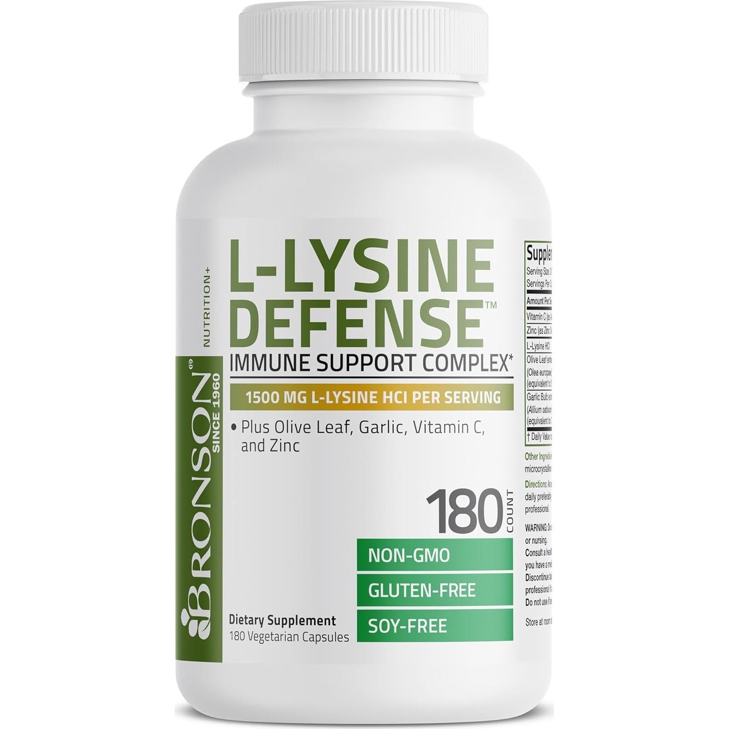 Bronson L-Lisina 1500 MG + Hoja de Olivo, Ajo, Vitamina C y Zinc - 180 Cápsulas Vegetarianas