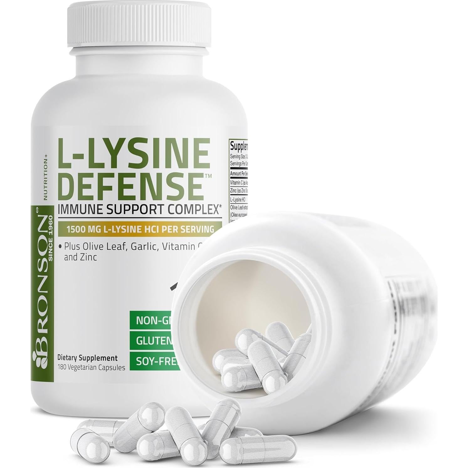 Bronson L-Lisina 1500 MG + Hoja de Olivo, Ajo, Vitamina C y Zinc - 180 Cápsulas Vegetarianas