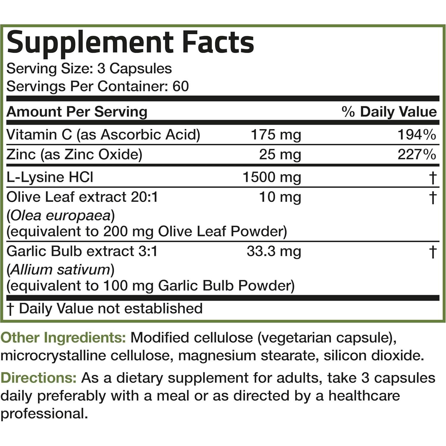 Bronson L-Lisina 1500 MG + Hoja de Olivo, Ajo, Vitamina C y Zinc - 180 Cápsulas Vegetarianas