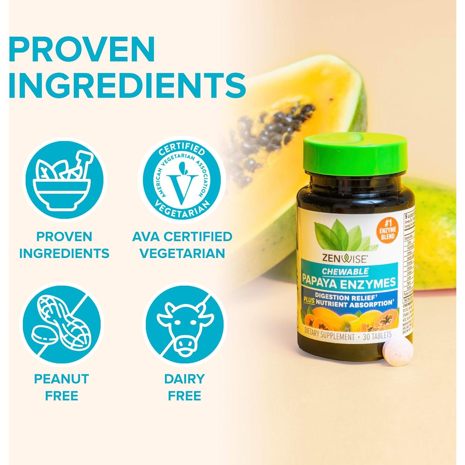 Enzimas Masticables de Papaya Zenwise - 30 Tabletas Digestivas