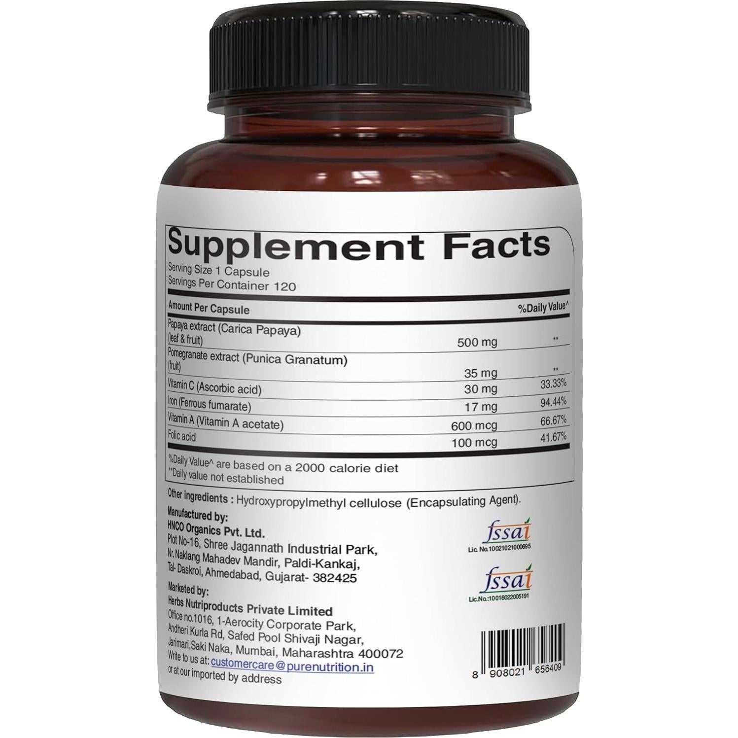 Nutrición Pura Papaya Completa 120 Caps | Extracto Natural