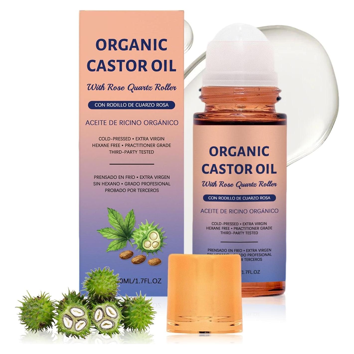 Aceite de Ricino Orgánico Roll-On 50 ml con Rodillo Cuarzo Rosa
