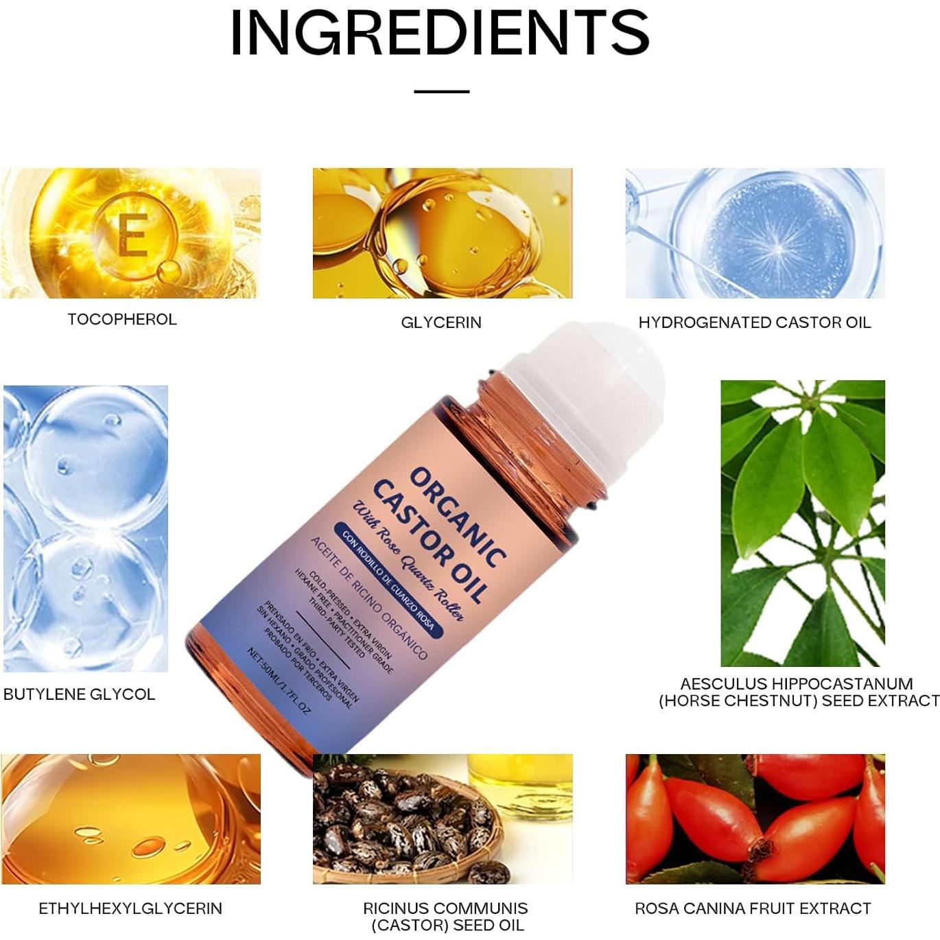 Aceite de Ricino Orgánico Roll-On 50 ml con Rodillo Cuarzo Rosa