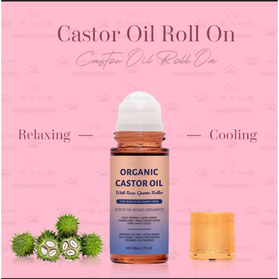 Aceite de Ricino Orgánico Roll-On 50 ml con Rodillo Cuarzo Rosa