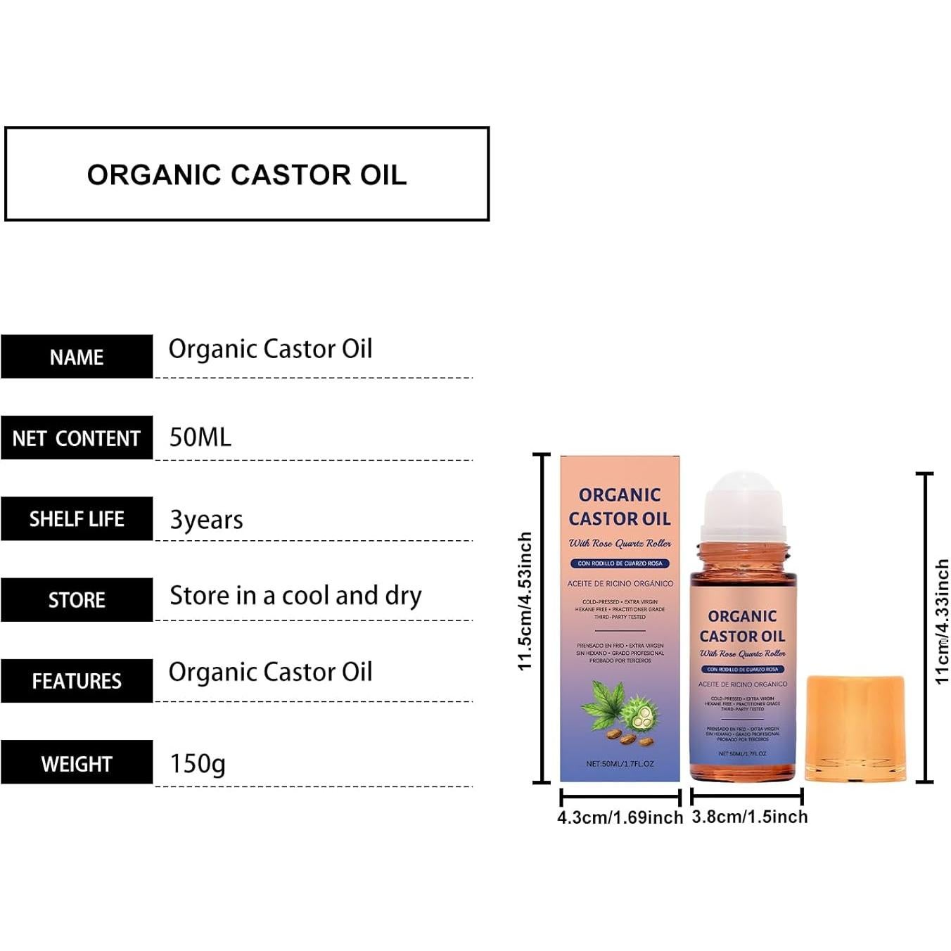 Aceite de Ricino Orgánico Roll-On 50 ml con Rodillo Cuarzo Rosa