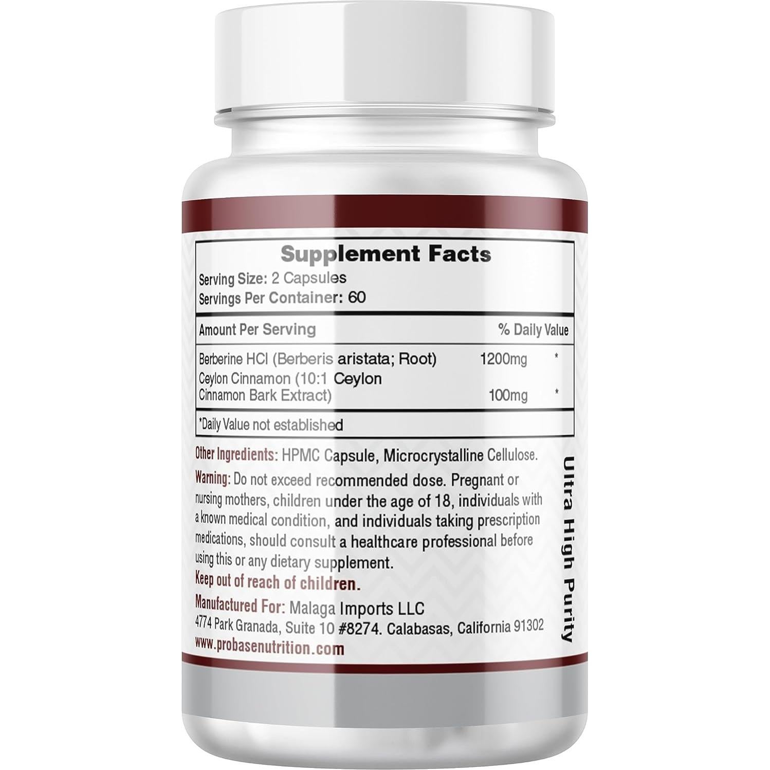 Suplemento de Berberina Probase Nutrition 1200mg - 120 Cápsulas Veganas