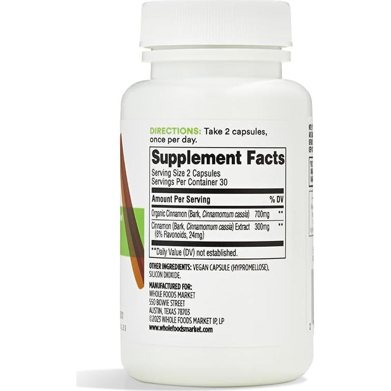 Suplemento de Canela 365 Whole Foods 60 Cápsulas Veganas