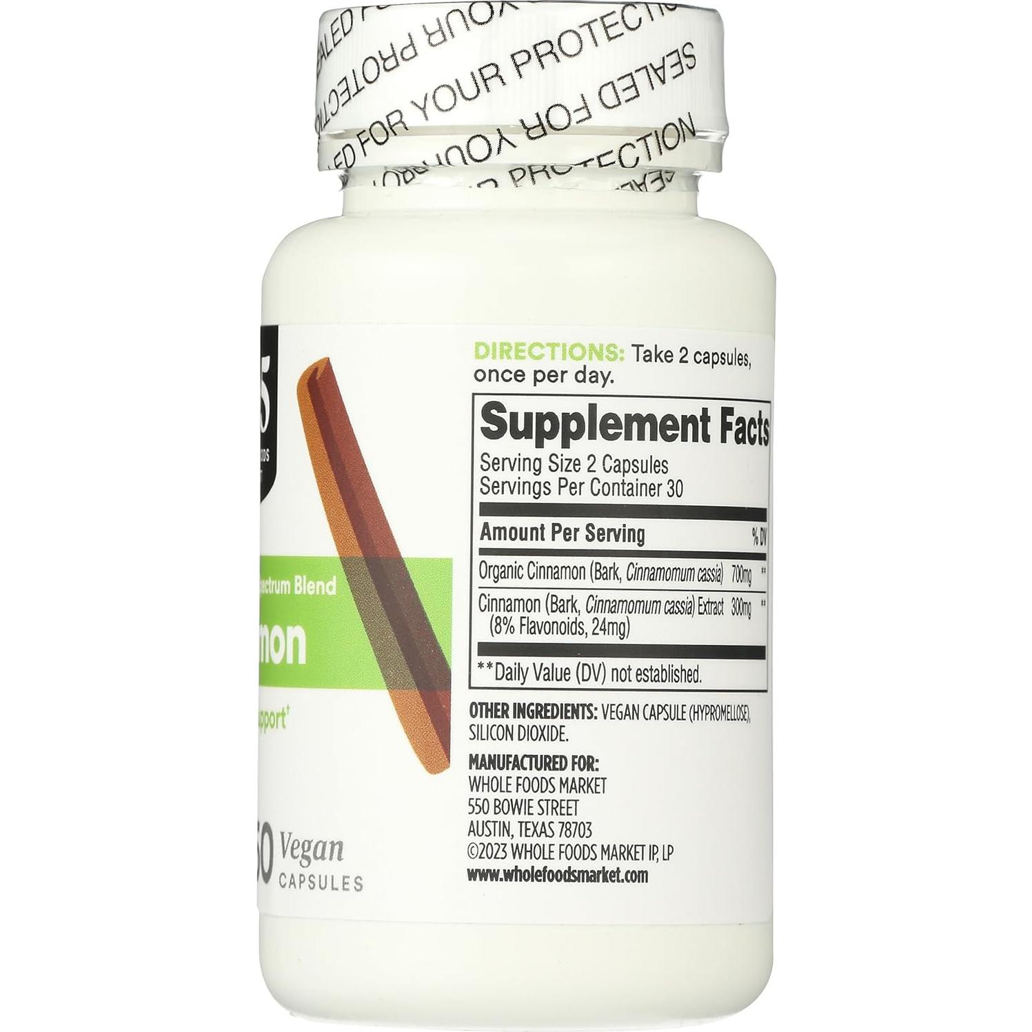 Suplemento de Canela 365 Whole Foods 60 Cápsulas Veganas