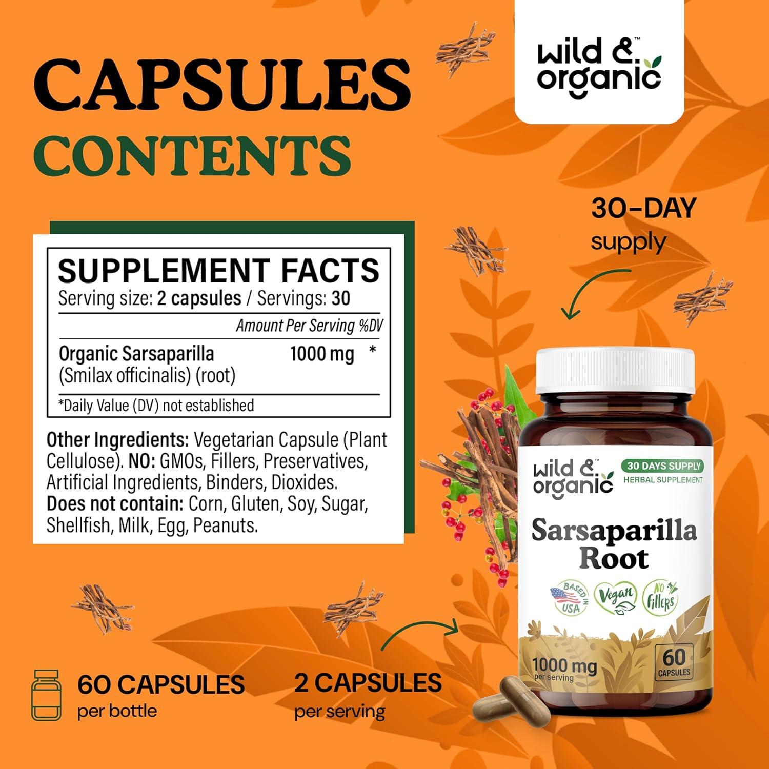 Cápsulas de Raíz de Sarsaparilla 1000mg - Silvestre y Orgánico - 60 Unidades