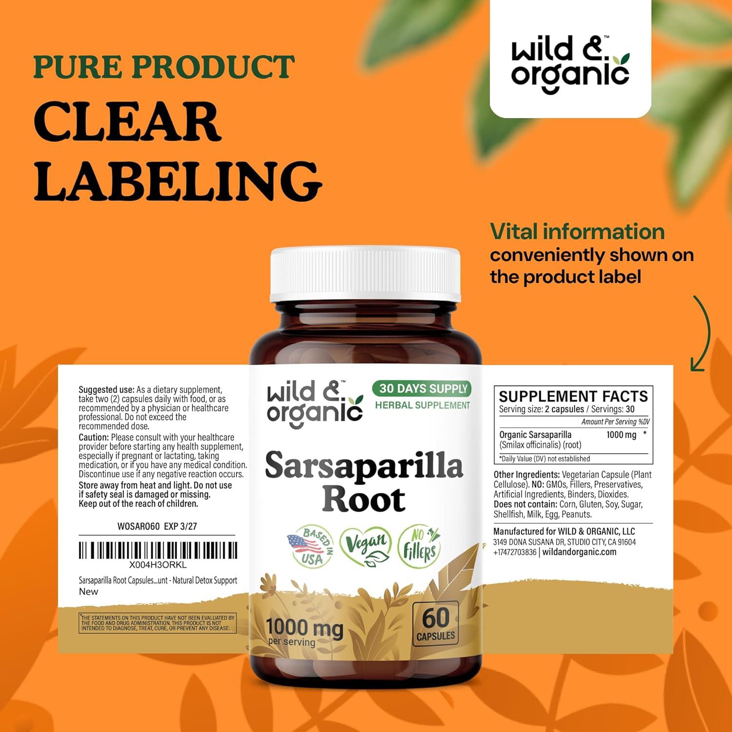 Cápsulas de Raíz de Sarsaparilla 1000mg - Silvestre y Orgánico - 60 Unidades