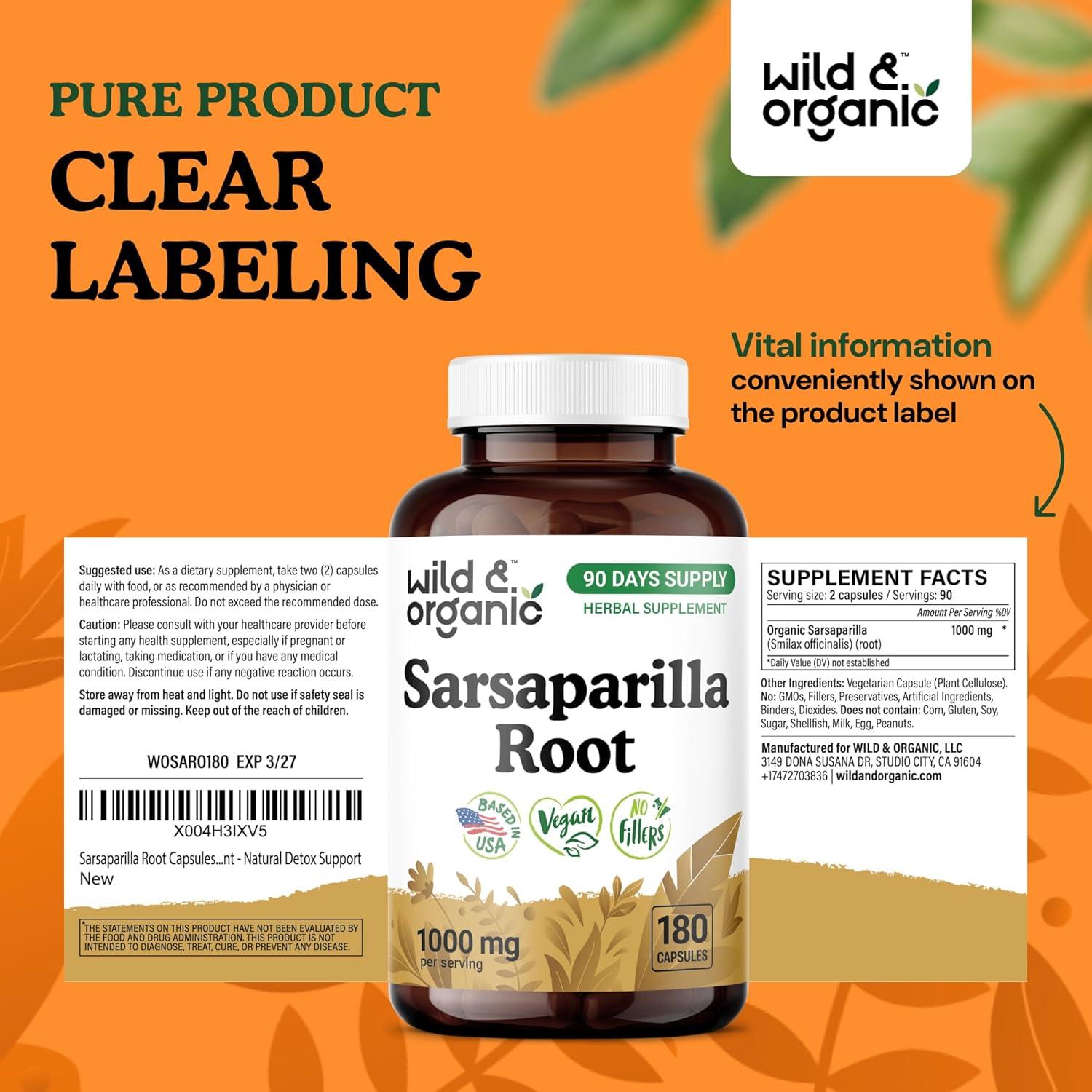 Cápsulas de Raíz de Sarsaparilla Silvestre 1000mg - 180 Unidades