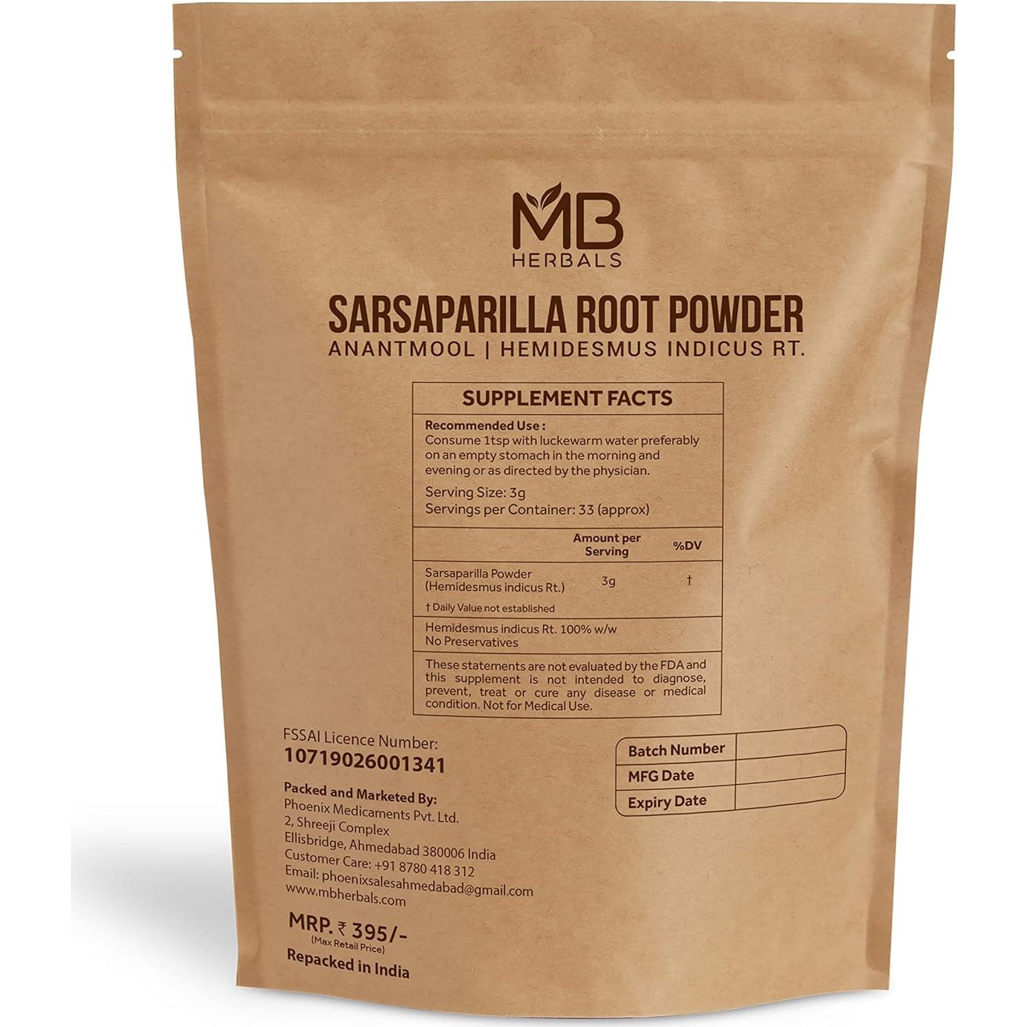 Polvo de Raíz de Sarsaparilla MB Herbals 100g - Suplemento Natural
