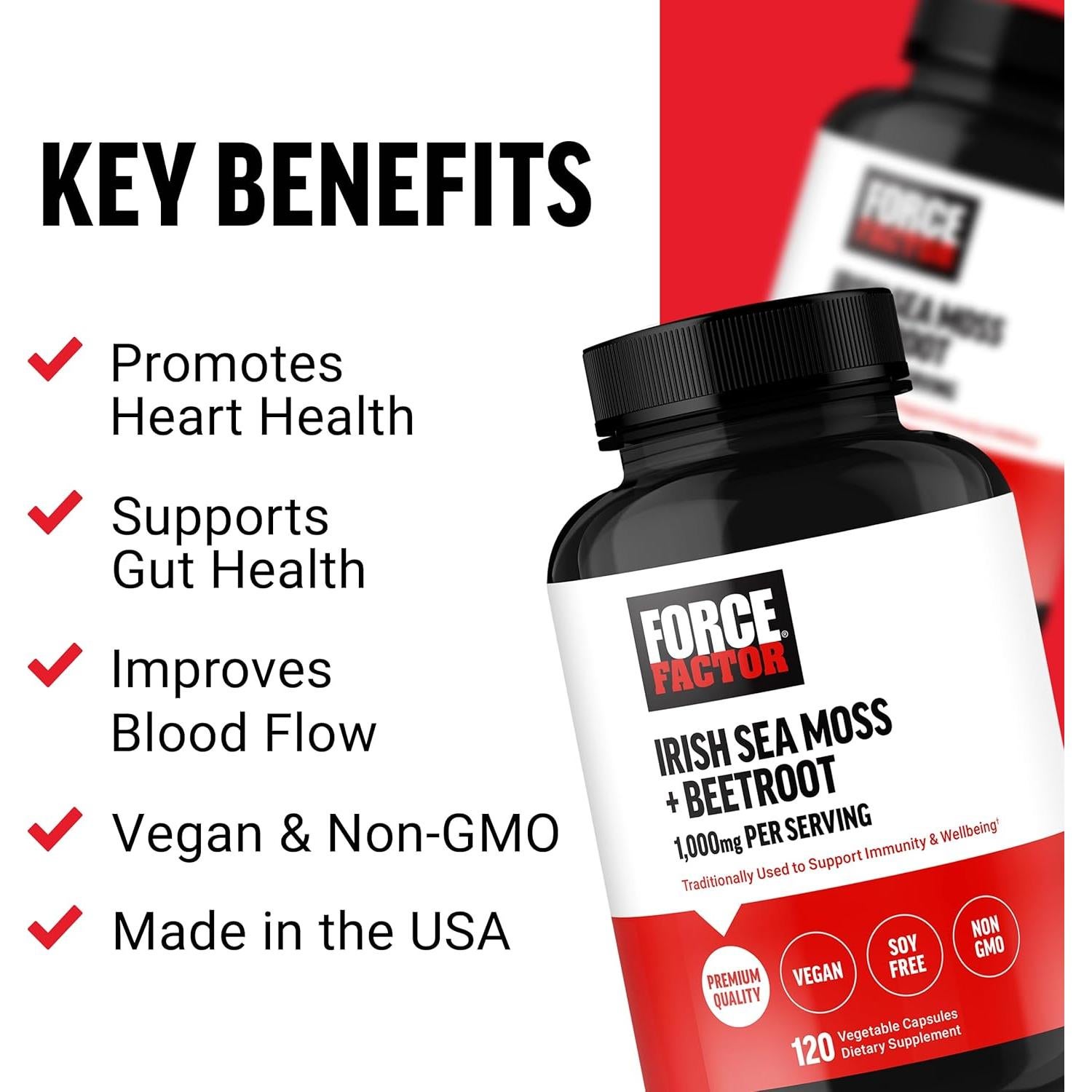 Suplemento Musgo Marino Irlandés + Remolacha Force Factor 120 Cápsulas Veganas