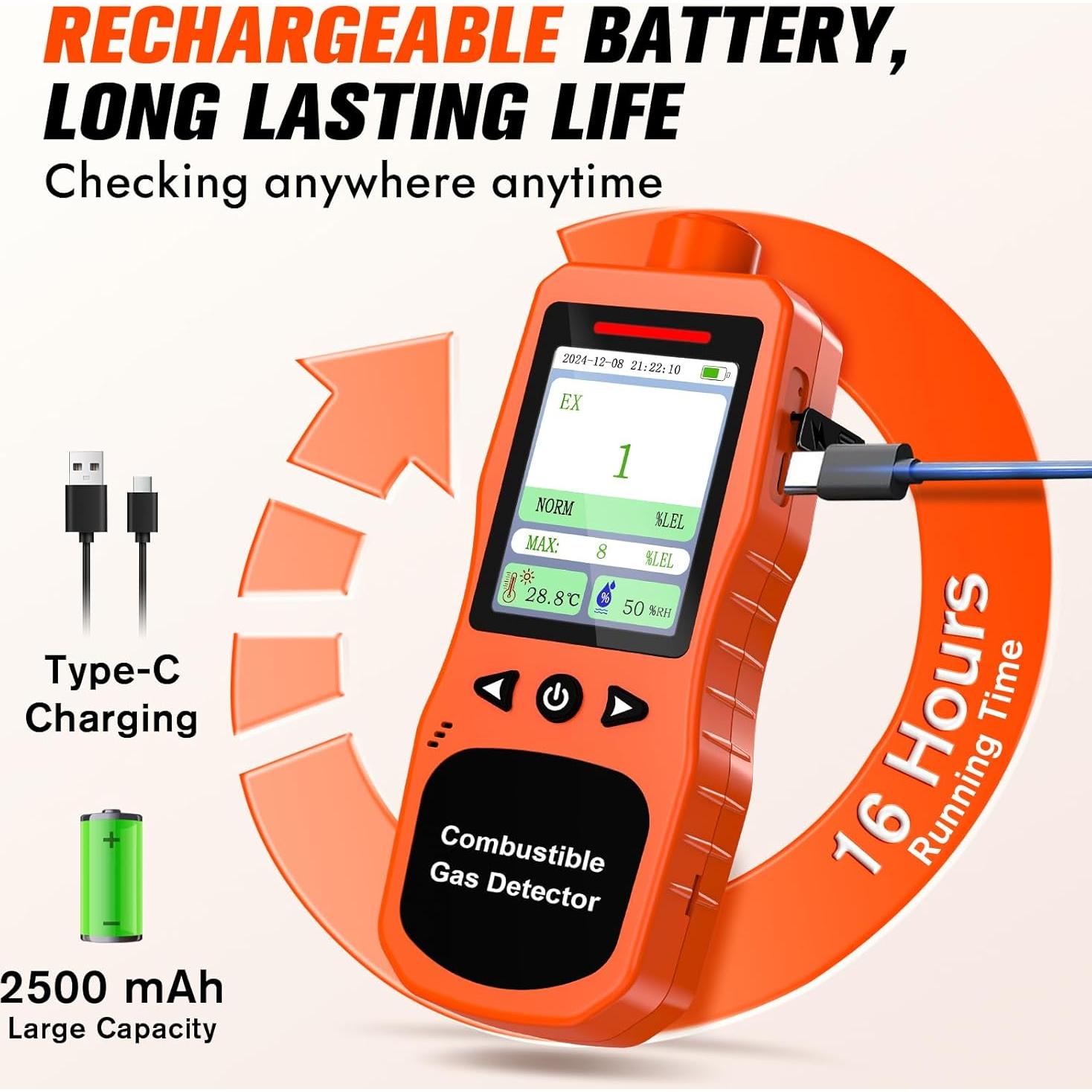 Detector de Fugas de Gas ZYKYCX ZY-Ex4000, Recargable 0-100% LEL