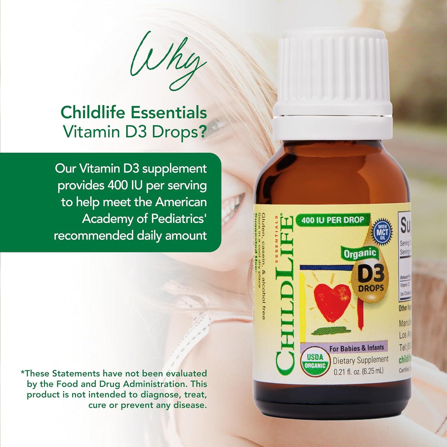 CHILDLIFE Essentials Organic Vitamin D3 Drops for Infants & Newborns - Baby Vitamin D Drops, 400 IU per Liquid Drop, Immune & Bone Health Support, USDA Organic, Flavorless - 0.21 Fl Oz (1 Pack)