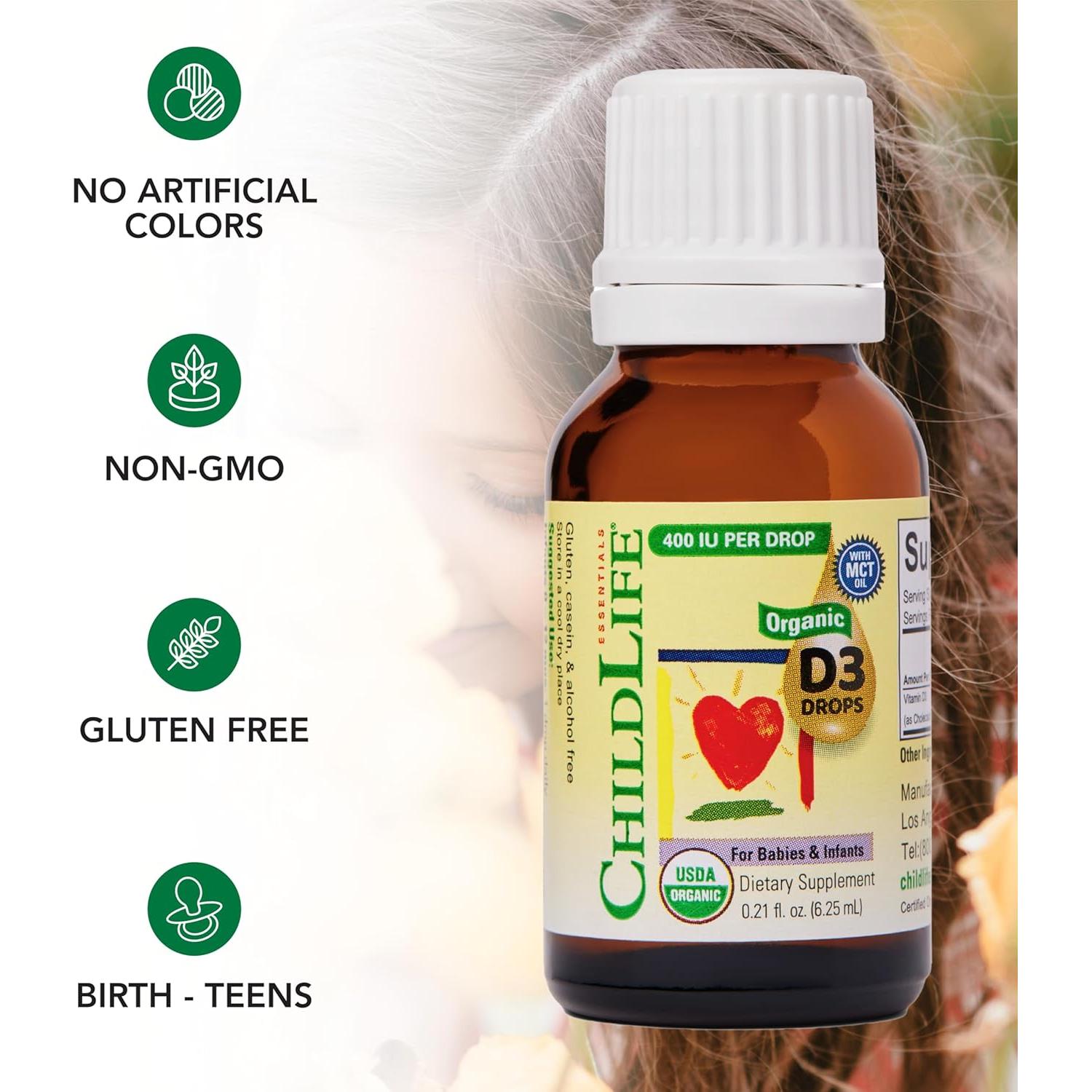 CHILDLIFE Essentials Organic Vitamin D3 Drops for Infants & Newborns - Baby Vitamin D Drops, 400 IU per Liquid Drop, Immune & Bone Health Support, USDA Organic, Flavorless - 0.21 Fl Oz (1 Pack)