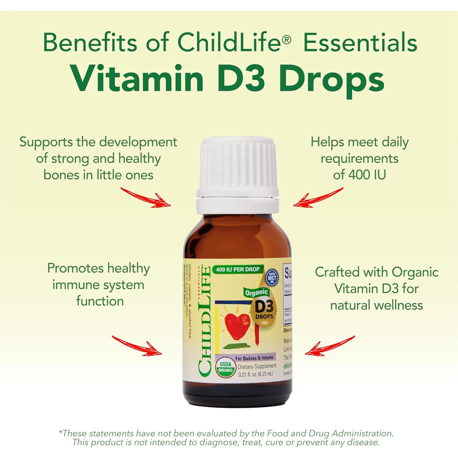 CHILDLIFE Essentials Organic Vitamin D3 Drops for Infants & Newborns - Baby Vitamin D Drops, 400 IU per Liquid Drop, Immune & Bone Health Support, USDA Organic, Flavorless - 0.21 Fl Oz (1 Pack)