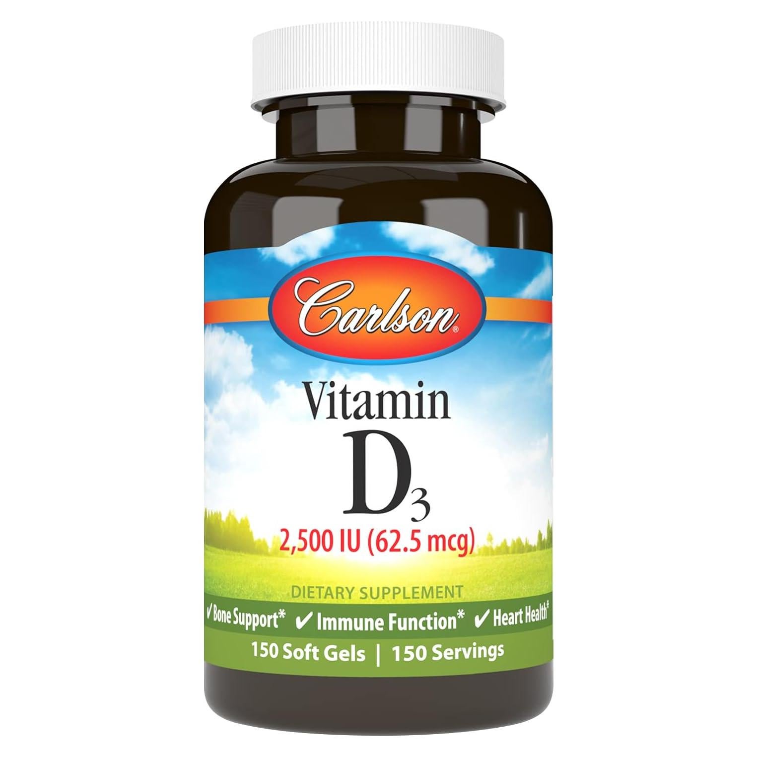 Vitamina D3 2500 UI Carlson - 150 Geles Blandos, Salud Ósea e Inmunológica