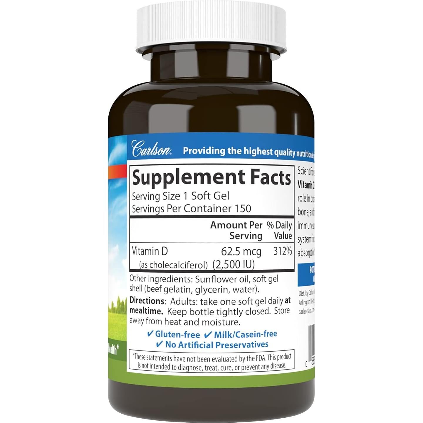 Vitamina D3 2500 UI Carlson - 150 Geles Blandos, Salud Ósea e Inmunológica