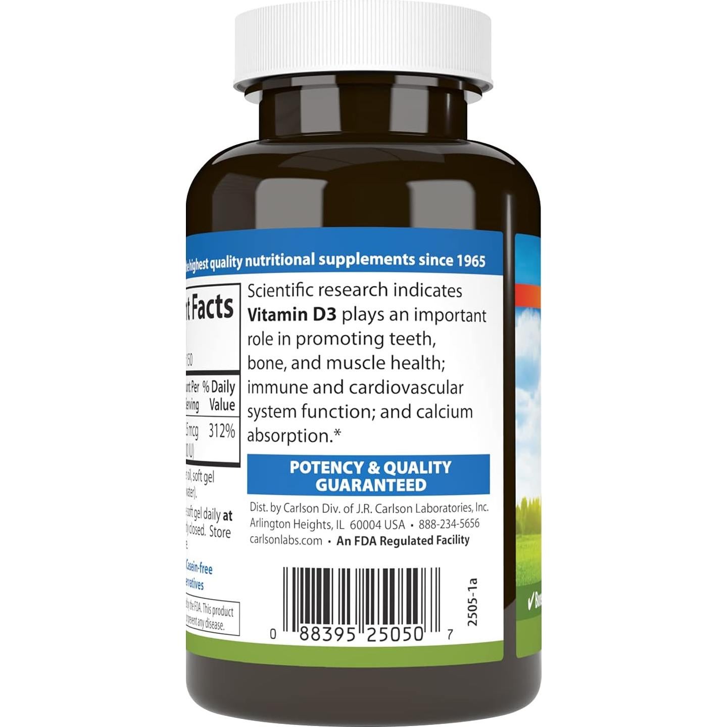 Vitamina D3 2500 UI Carlson - 150 Geles Blandos, Salud Ósea e Inmunológica