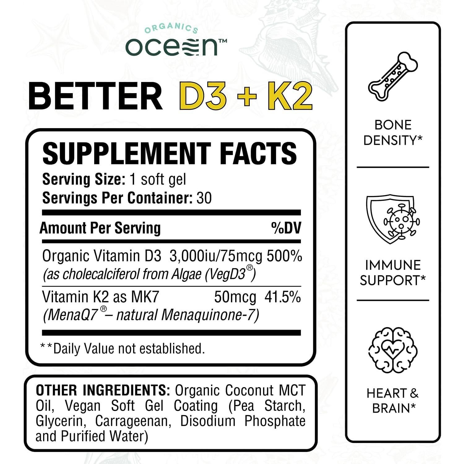Suplemento Vitamina D3 + K2 Organics Ocean 30 Gel Suaves