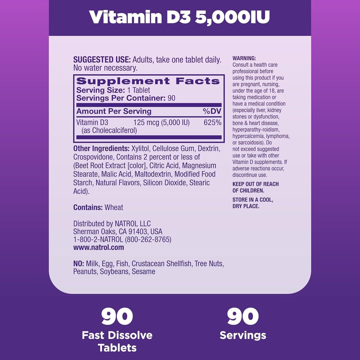 Suplemento Vitamina D3 5000 UI Natrol 90 Tabletas Rápido Disolvente