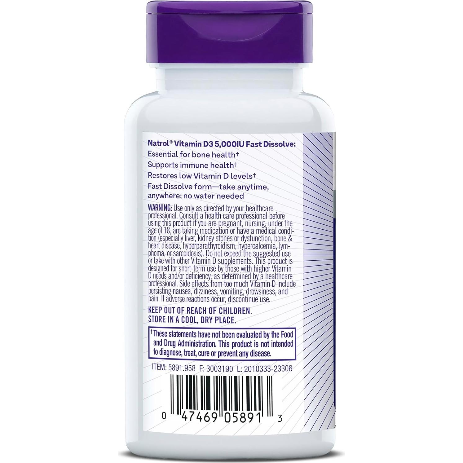 Suplemento Vitamina D3 5000 UI Natrol 90 Tabletas Rápido Disolvente