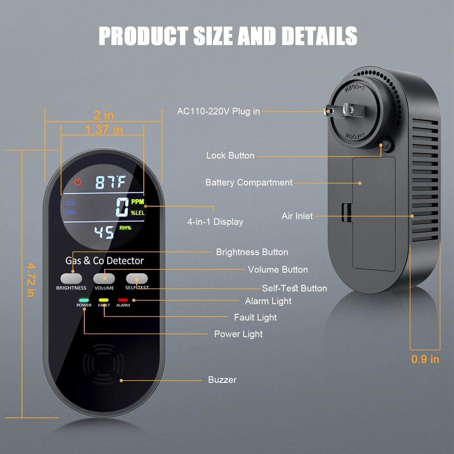 Detector de Monóxido de Carbono y Gas WESHLGD KH168 5-en-1