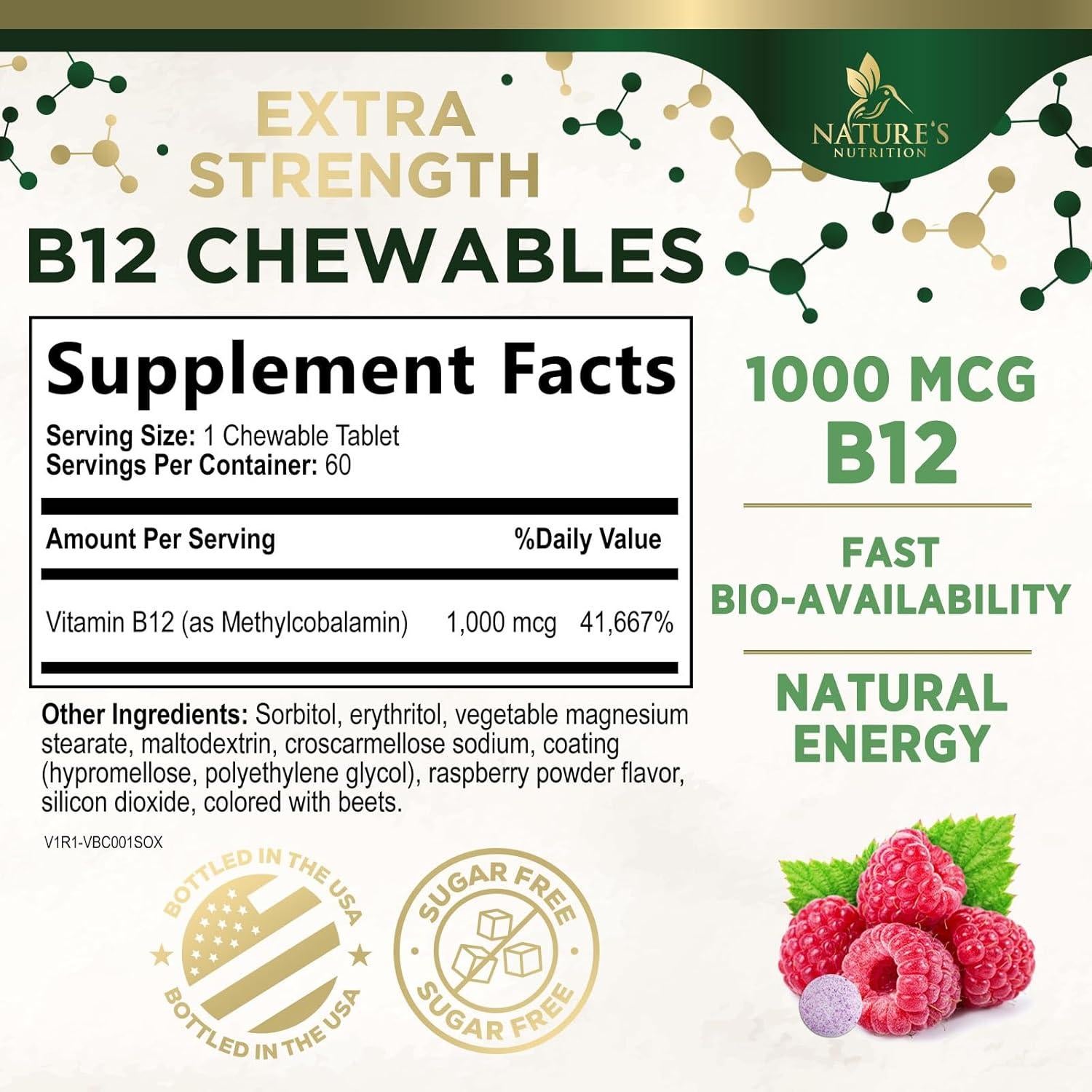 Vitamina B12 Masticable Nature's Nutrition 1000 mcg - 60 Tabletas Veganas