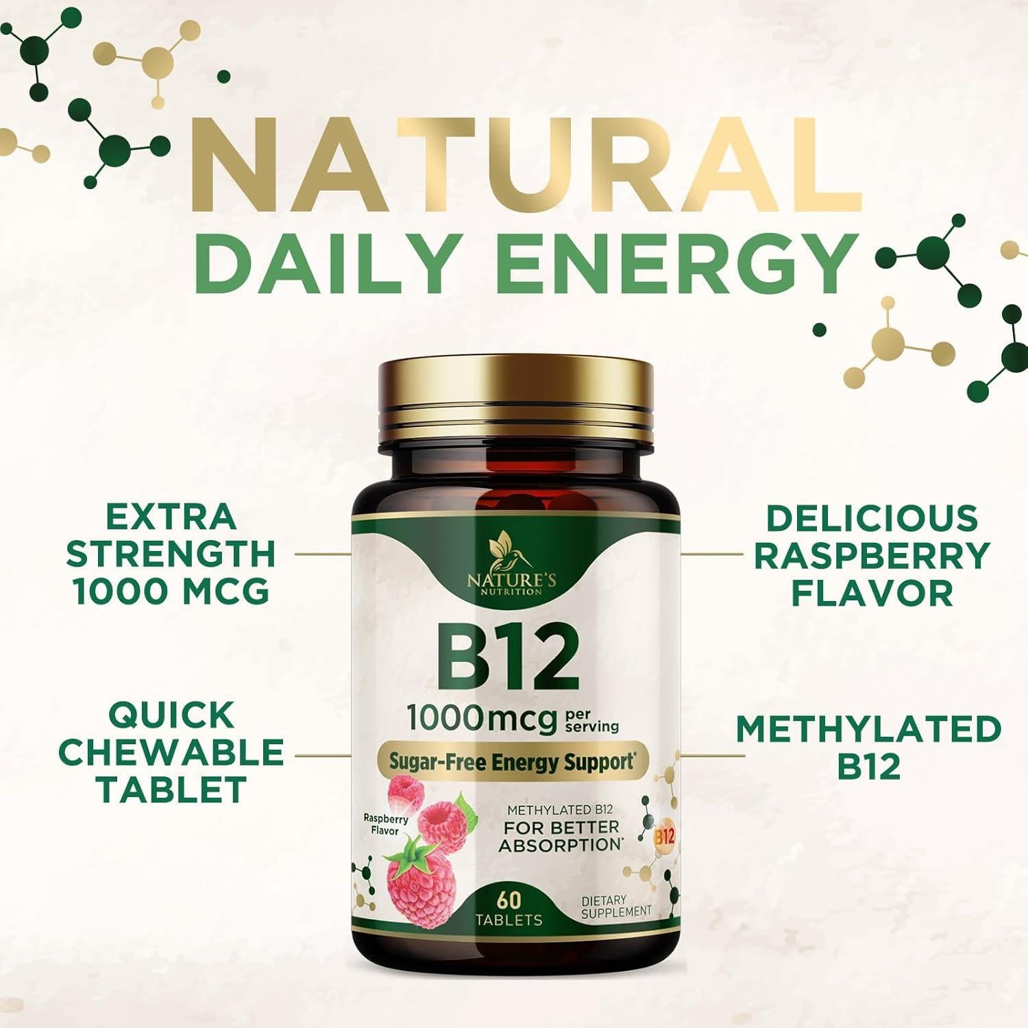 Vitamina B12 Masticable Nature's Nutrition 1000 mcg - 60 Tabletas Veganas