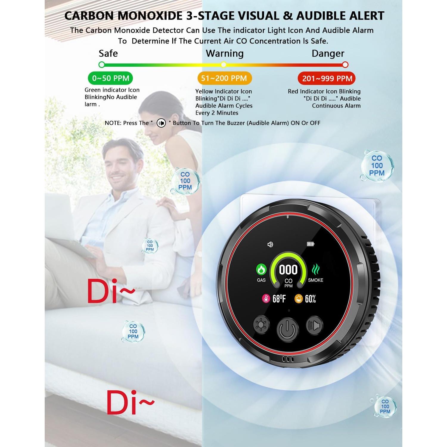 Paquete de 3 Alarmas DOVERC 5 en 1 Humo CO Gas Natural