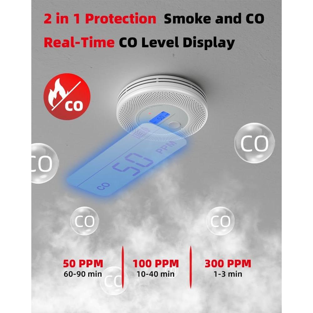 Detector de Humo y Monóxido de Carbono KIMROG 10 Años LCD