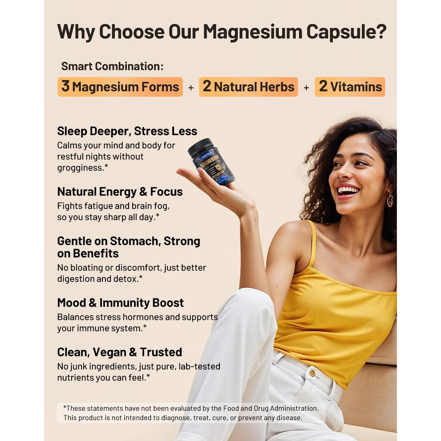 Suplemento de Magnesio FORTISCA 90 Cápsulas 500mg Vegano