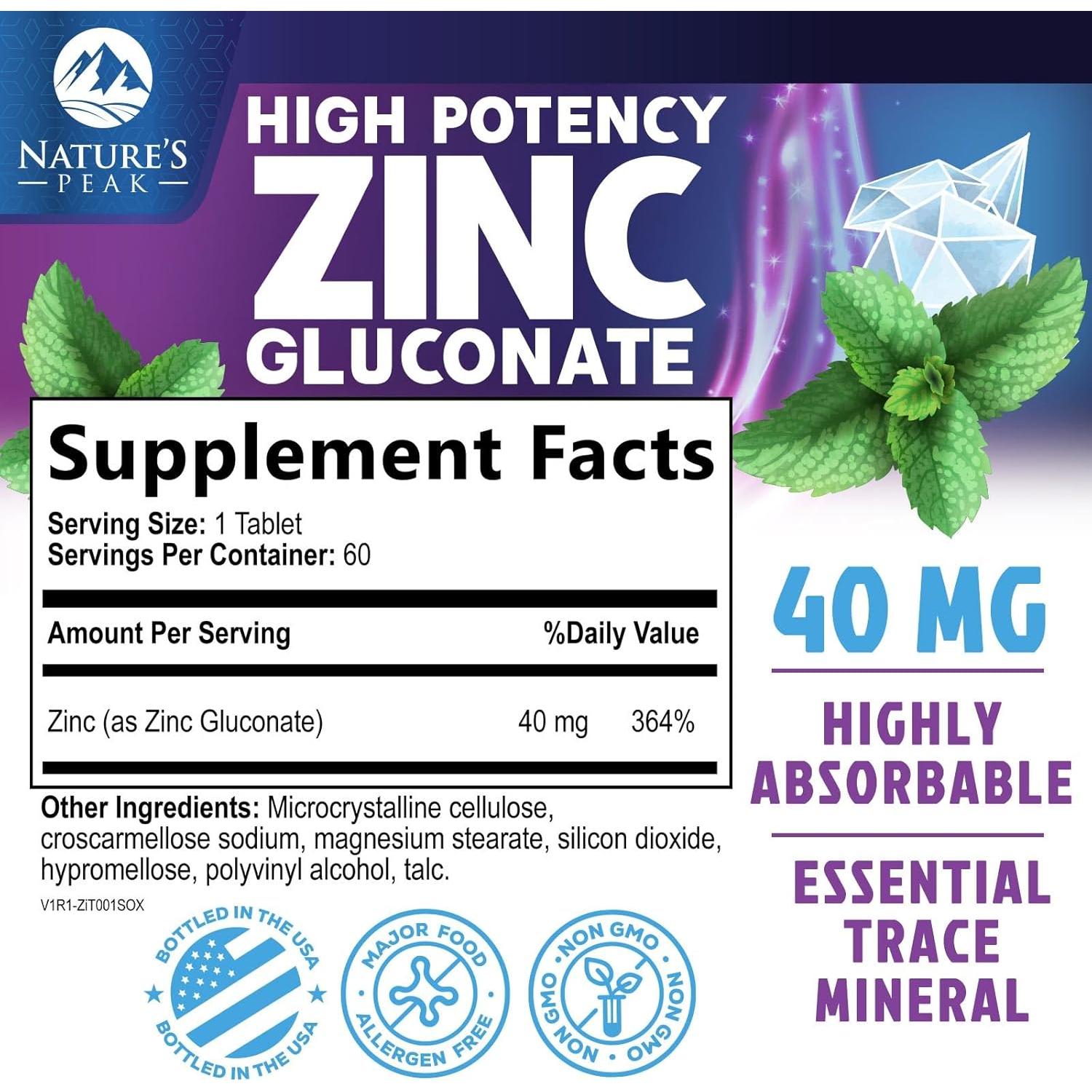 Suplemento de Zinc 40mg Nature's Peak - 60 Tabletas Queladas