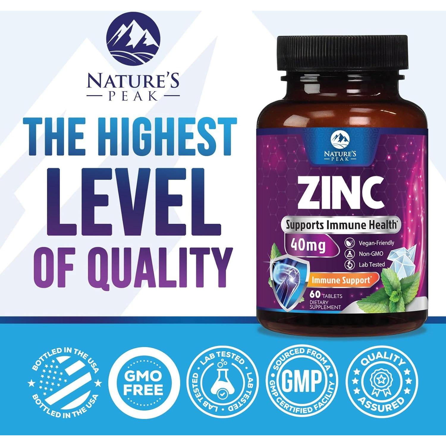 Suplemento de Zinc 40mg Nature's Peak - 60 Tabletas Queladas