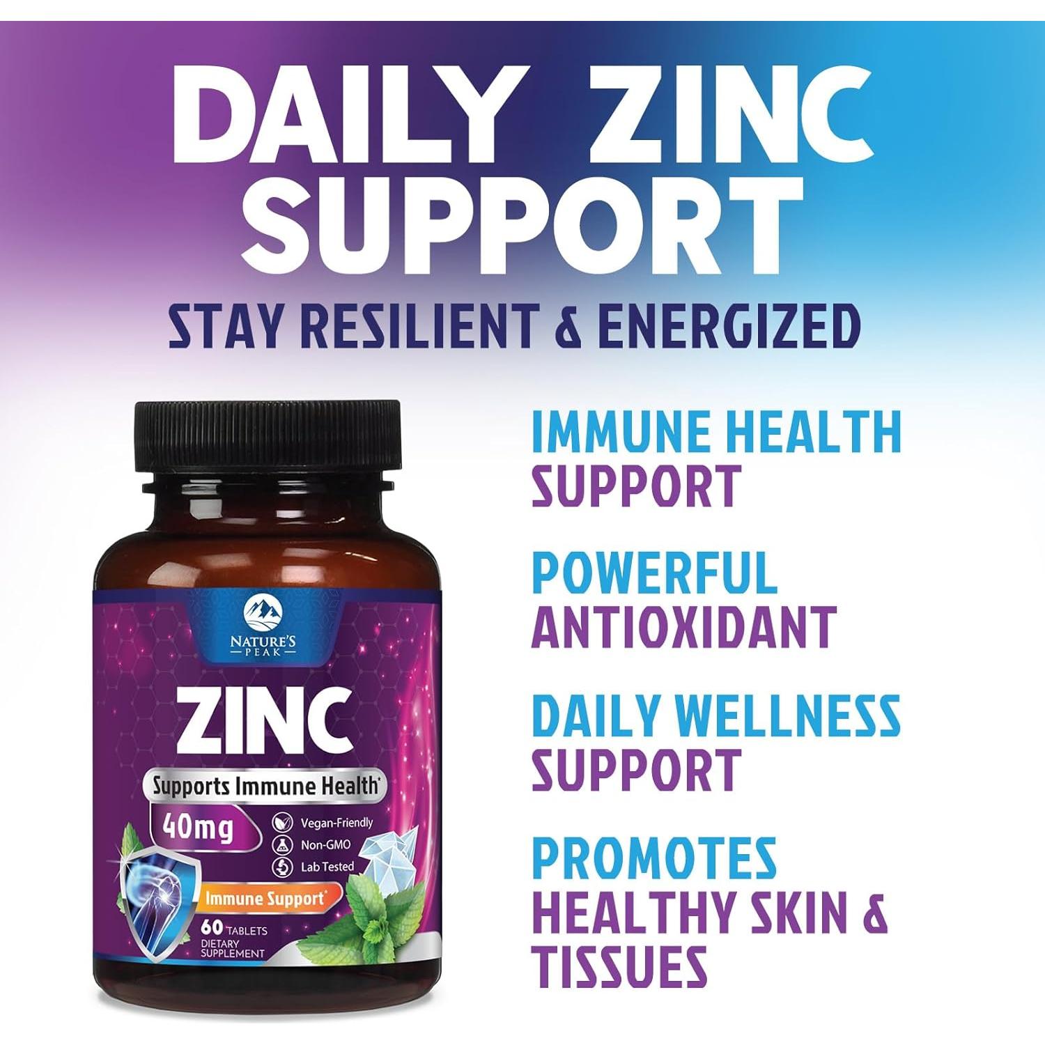 Suplemento de Zinc 40mg Nature's Peak - 60 Tabletas Queladas