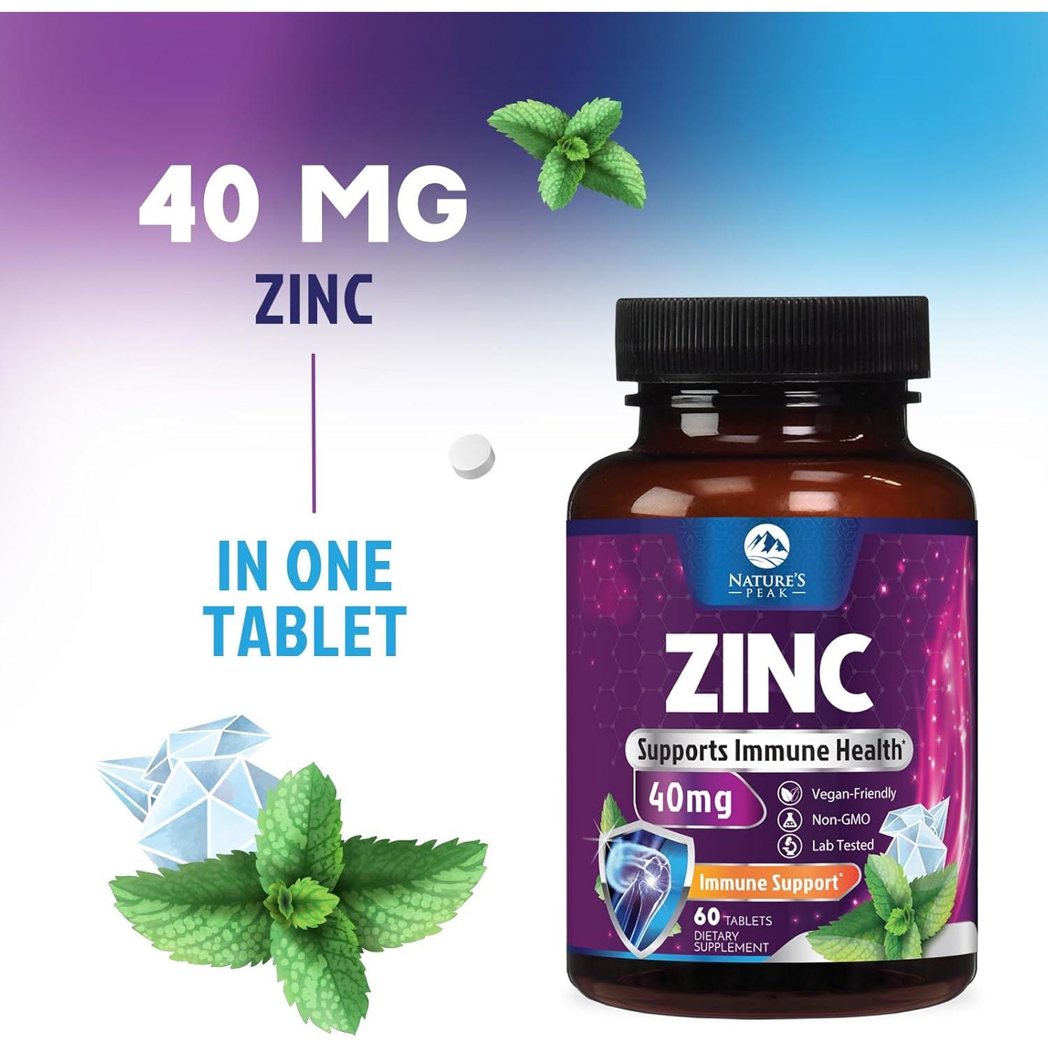 Suplemento de Zinc 40mg Nature's Peak - 60 Tabletas Queladas